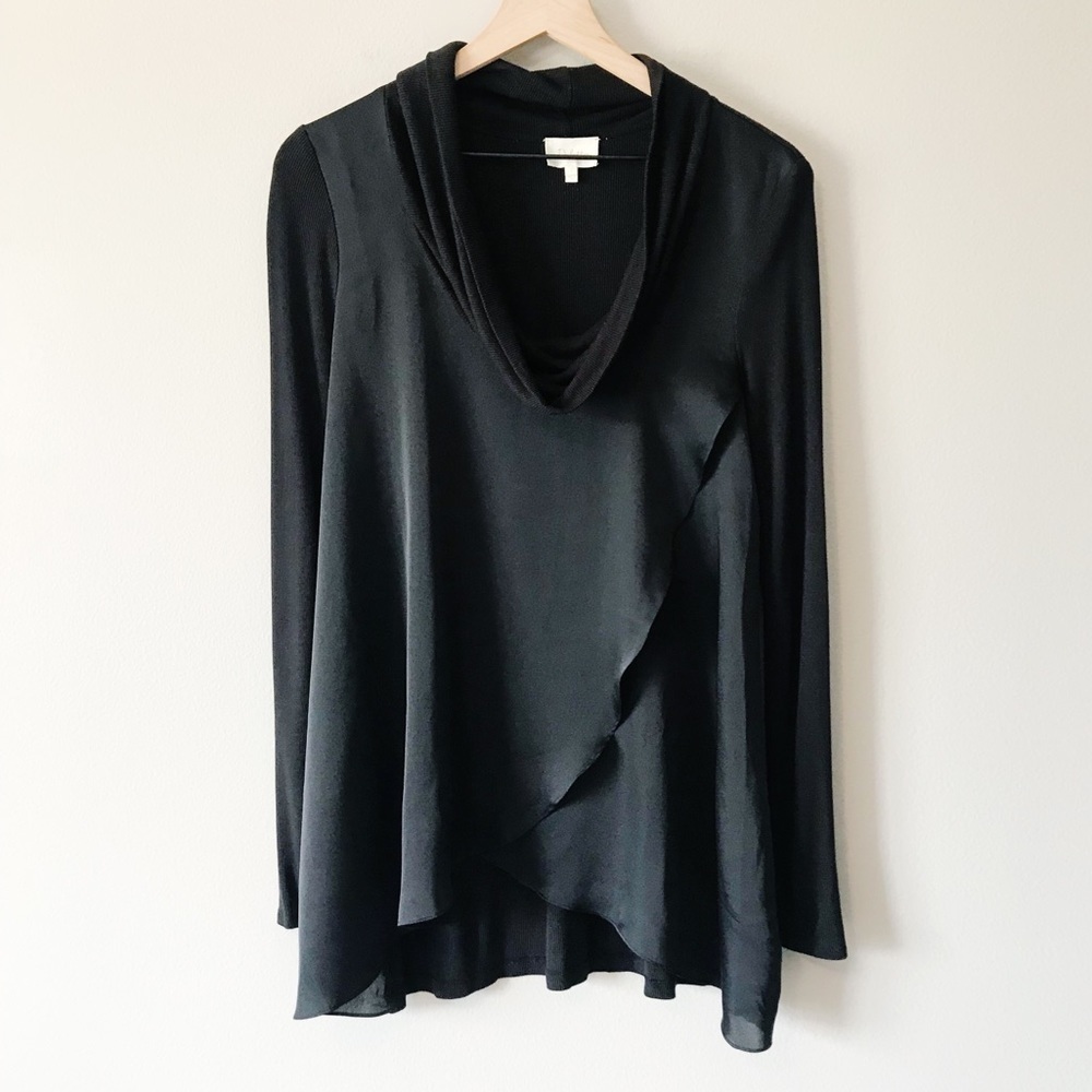 Anthro Deletta Cowl Neck Satin Ruffle Top Black S